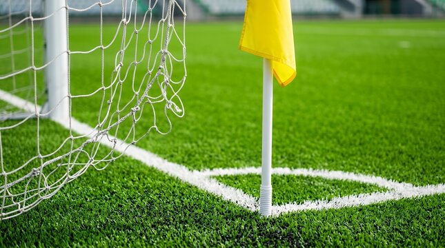 Close Up View of Football Net Mesh and Pitch Corner Marker on Fresh Synthetic Lawn Grass Surface Sharp Focus Vibrant Color Athletic Field Texture Background soccer football goal net turf grass field