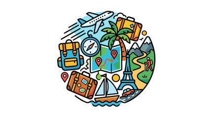 Fototapeta premium A vibrant circular illustration concept for global travel and tourism, featuring an adventure filled vacation journey with icons like airplane and
