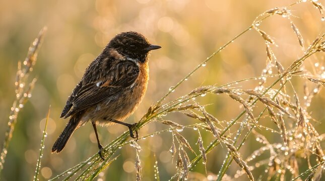 Small brown bird perched on wheat stalk in golden sunlight nature photography