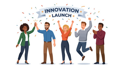 Fototapeta premium Team Celebrating Innovation Launch with Confetti and Banner