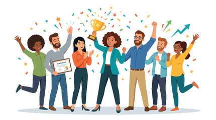 Obraz premium Team Celebrating Success with Trophy and Confetti