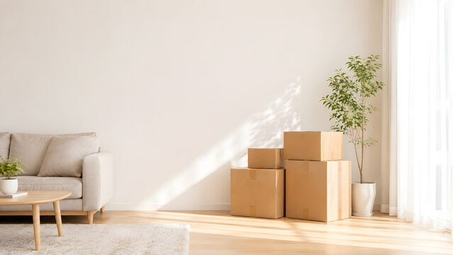 引っ越し準備で段ボール箱を整理する室内風景