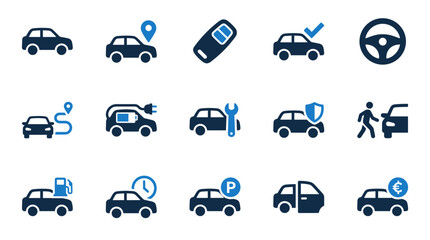 Set of blue and dark blue automotive icons representing cars transport driving and vehicle maintenance services with automobile © Al Rafi