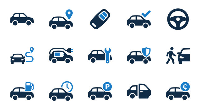 Set of blue and dark blue automotive icons representing cars transport driving and vehicle maintenance services with automobile