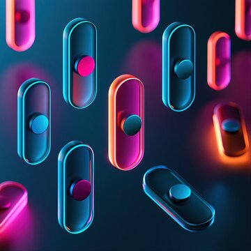 Floating buttons in vibrant colors create an abstract scene with lights and shadows