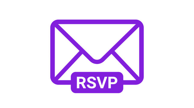 Purple envelope icon featuring white rsvp text isolated on a clean and bright white background