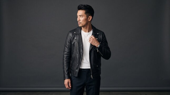 Stylish asian man with a pompadour hairstyle wearing a black leather biker jacket and white tshirt, standing against a dark grey studio background