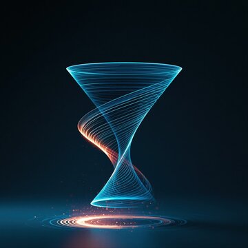 Light patterns create a spiraling design in a dark space during a digital art display