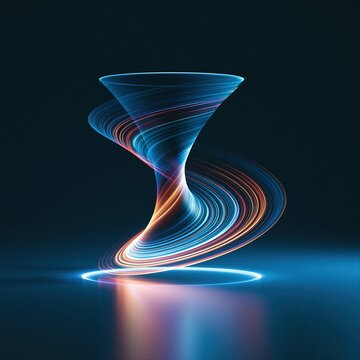 Swirls of light form a vortex shape in dark setting while colors blend and twist in a bright display