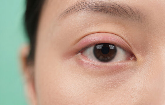 Close Up Asian Female Eye with Swollen Red Eyelid Inflammation Blepharitis