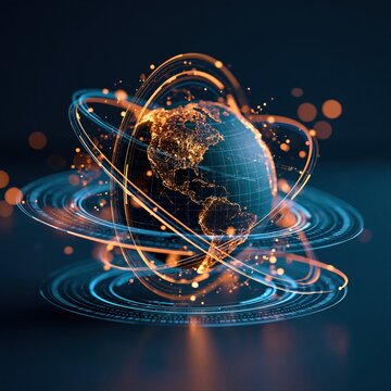 Earth surrounded by glowing rings and points of light in a dark environment