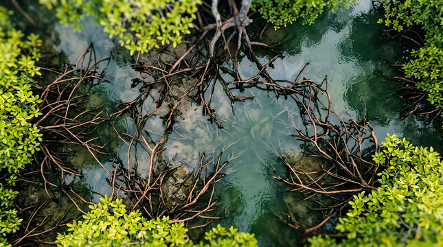Aerial top view of mangrove tree roots submerged in clear tropical coastal water ecosystem.