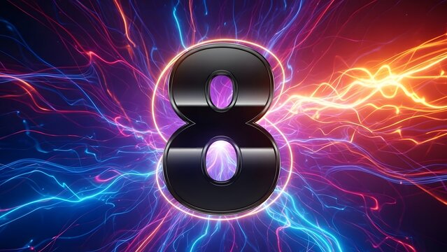 Futuristic number eight with neon energy trails, glowing 8 digit on electric background, vibrant tech countdown graphic