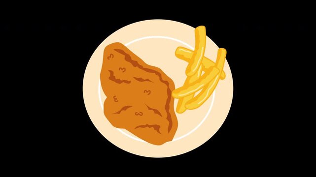 illustration of fish and chips with lemon slice, meal