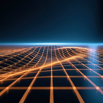 Digital grid lines create patterns on a dark background during a virtual display