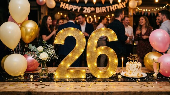Happy 26th birthday party with golden balloons and decorations
