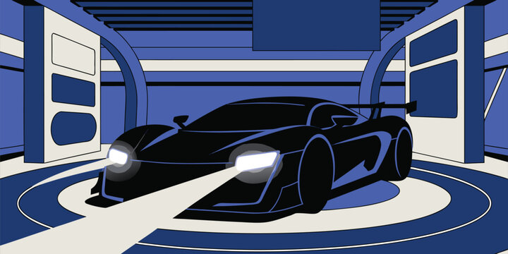 Vector illustration of a sleek black futuristic supercar with glowing headlights in a high tech garage