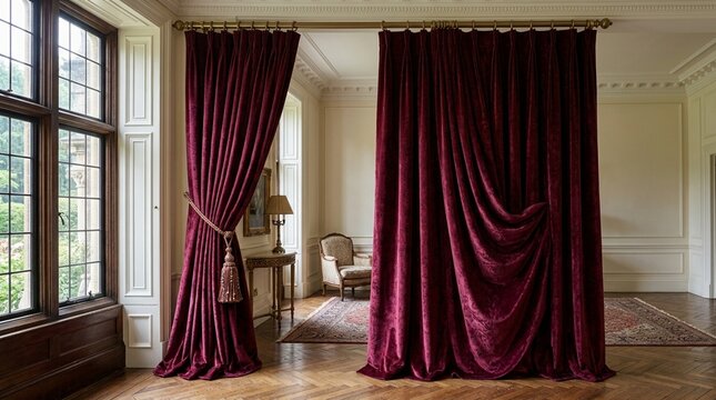Luxury Velvet Curtains in Elegant Room with Large Window and Vintage Chair