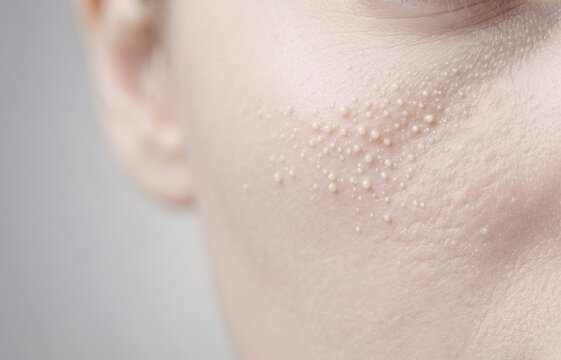 Multiple milia cysts and white keratin filled papules on the periorbital and cheek skin of a female face