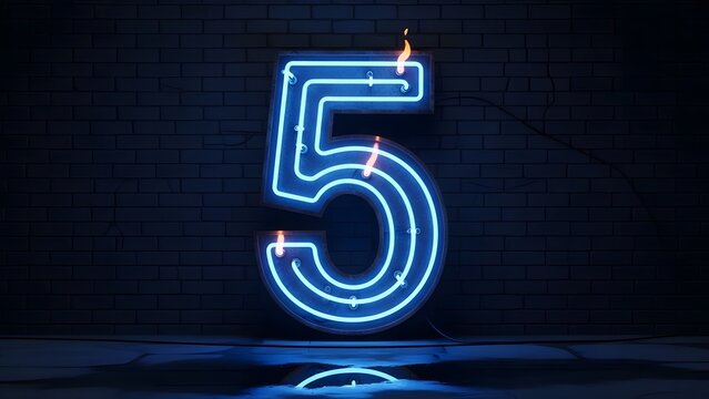 Neon number five glowing blue on brick wall, electric digit 5 sign with sparks, cinematic night lighting for countdown
