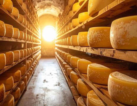 Cheese aging cellar with wooden shelves and wheels in traditional cave storage facility, arched vaulted ceiling, warm lighting, dairy production, ripening room
