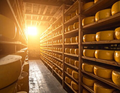 Cheese aging cellar with wooden shelves and wheels in traditional cave storage facility, arched vaulted ceiling, warm lighting, dairy production, ripening room
