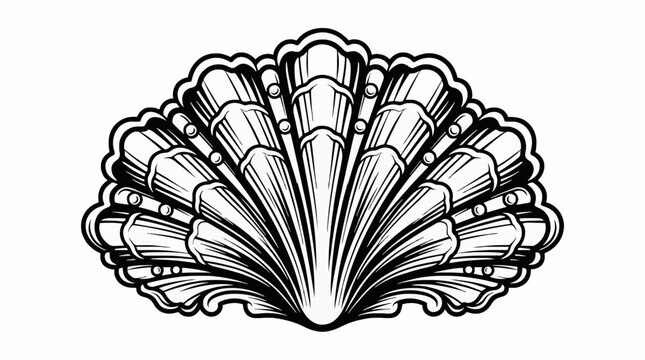 Black and white detailed seashell vector icon in classical engraving style, suitable for nautical branding, coastal decor, logo design, and marine graphics.