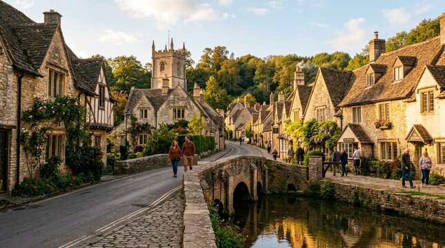 Charming English Village Street with Couple Crossing Stone Bridge Over Canal