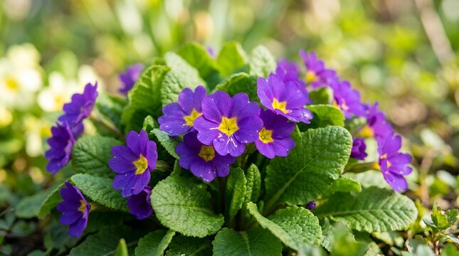 Vibrant close up of blooming violet primula blossoms surrounded by lush green leaves in a sunny garden setting background flower purple primrose primula garden bloom blooming spring summer nature
