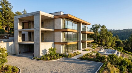 Fototapeta premium Modern Luxury Concrete Mansion Under Construction in Forest Hills