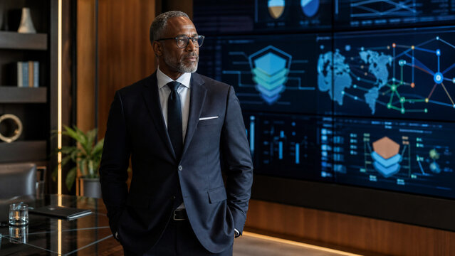 Confident African American cybersecurity executive in a suit standing in front of high-tech digital operations center screens