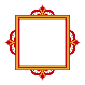 Decorative square frame with ornate red and gold floral patterns for elegant borders and invitation card designs isolated on transparent background, Vector