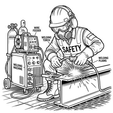 A cartoon illustration of a worker with full safety gear using a welding machine, wire feeder, and torch on an I-beam, with gas tanks and labelled equipment.