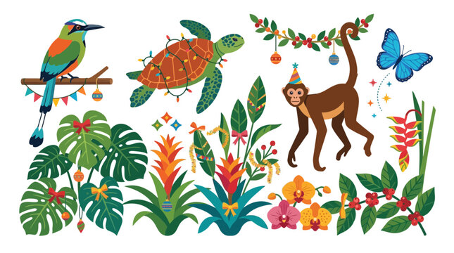Tropical Jungle Animals and Plants with Holiday Decorations