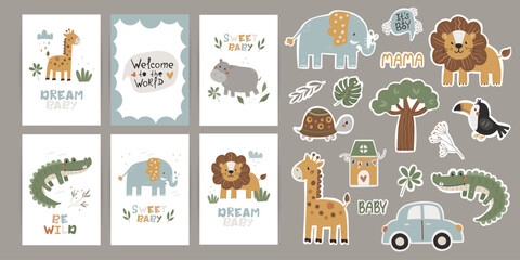 Naklejka premium A set of posters with motivational phrases and stickers featuring charming vector illustrations of safari animals. Perfect for baby shower invitations, nursery wall decor, children's clothing, textile