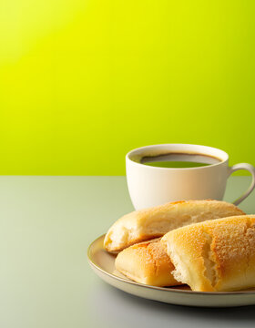 Filipino pandesal bread and a cup of black coffee on a bright green minimal background.