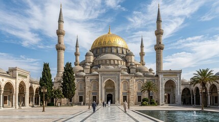 Fototapeta premium Golden Dome Mosque with Minarets, Courtyard, and Palm Trees in Sunny Day