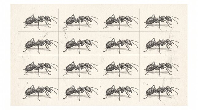 Vintage black and white botanical style engraving pattern sheet showing multiple ants with ant pattern insect illustration historical drawing entomology illustration repeating ants scientific dra