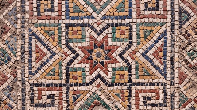 Ancient Roman mosaic floor with geometric star pattern, antique stone tile artwork, vintage mediterranean architectural detail