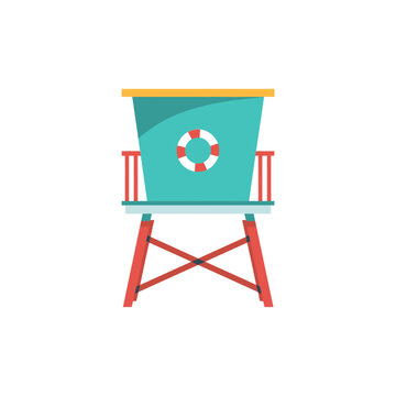 Flat vector icon of a blue lifeguard tower with a red life buoy for beach safety and summer vacation design elements isolated on transparent background, Vector