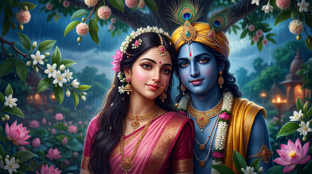 Radha and Krishna surrounded by lotus flowers and lush garden foliage in a sacred devotional setting