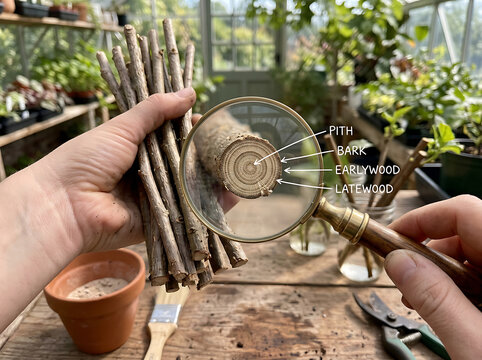 Botanical study of wood stem cross section with magnifying glass showing bark earlywood latewood and pith