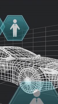Animation of human icon in hexagons over 3d model of car moving against black background