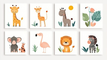 Naklejka premium Colorful Cartoon Animals in Cute Style for Children's Posters or Nursery Decor