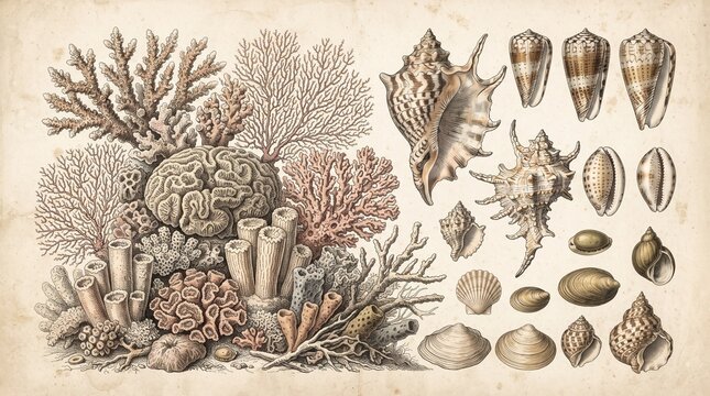 Vintage scientific illustration of various seashells coral reef formations and marine life specimens with seashell collection scientific drawing sea life old paper reef animals marine biology