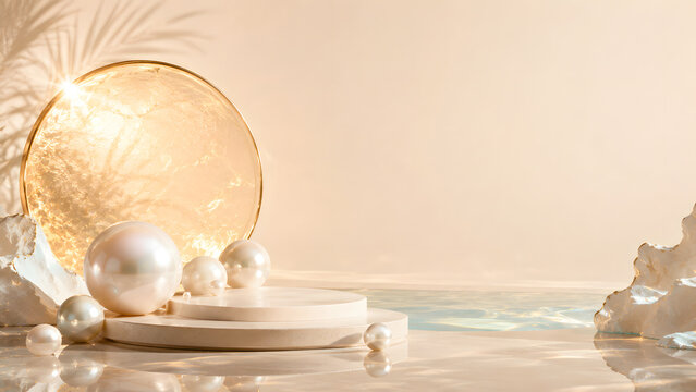 Elegant sunscreen advertising environment featuring luminous pearls, a translucent golden sun disc, ivory architecture and subtle aqua reflections.