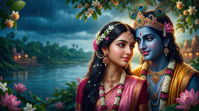 Radha and Krishna beside a flowering waterway during gentle rain beneath a cloudy evening sky