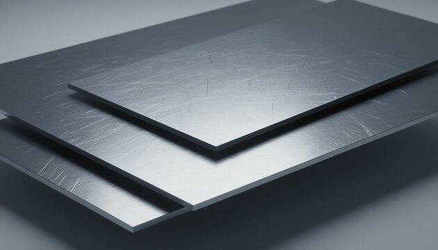 Metallic brushed titanium sheets with etched micro-scratches reflecting cool white studio light