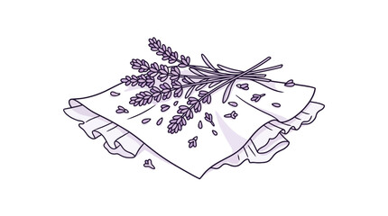 Fototapeta premium Lavender sprigs lying on white ruffled fabric napkin.