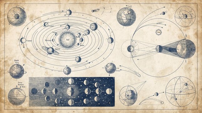 Vintage astronomical chart and map illustrating planetary orbits and solar system movements with vintage illustration scientific drawing moon phases old paper antique map astronomy universe